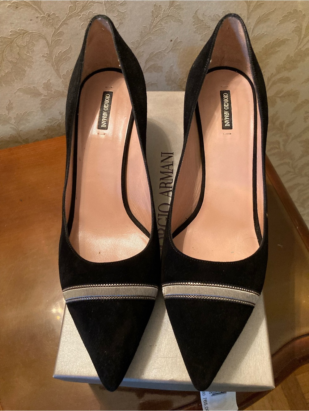 Giorgio Armani Black Suede Pointed Pumps with Silver Accent